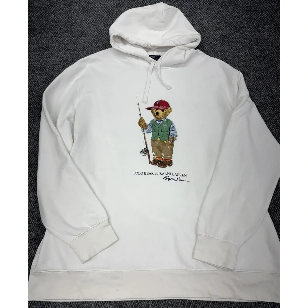 Polo Ralph Lauren Men's 4XLT White Fishing Adventure Bear Hoodie Sweatshirt
